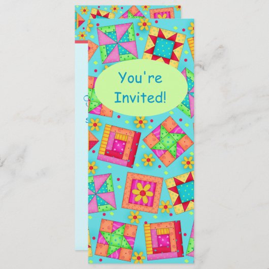 ターコイズグリーンパッチワークキルトブロックアート 招待状 (正面/裏面)