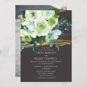 ターコイズグリーンフローラ金ゴールドグリッター結婚写真 招待状 (正面/裏面)