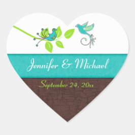 ターコイズグリーンブラウンフローラバード封筒用シール ハートシール