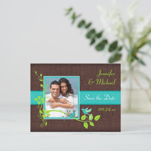 ターコイズグリーンブラウンフローラ鳥が日付を保存 案内ポストカード (スタンド正面)