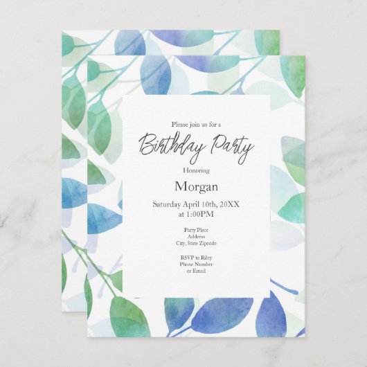 ターコイズグリーンブルーウォーター葉カラー 招待状 (正面/裏面)