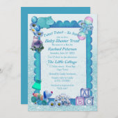 ターコイズグリーンブルーフォトフレーム招待状 サンキューカード (正面/裏面)