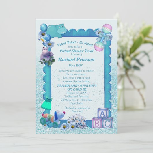 ターコイズグリーンブルー仮想フレーム招待状 サンキューカード (スタンド正面)