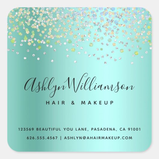 ターコイズグリーンヘアサロンメイクアップアーティストモダン スクエアシール (正面)
