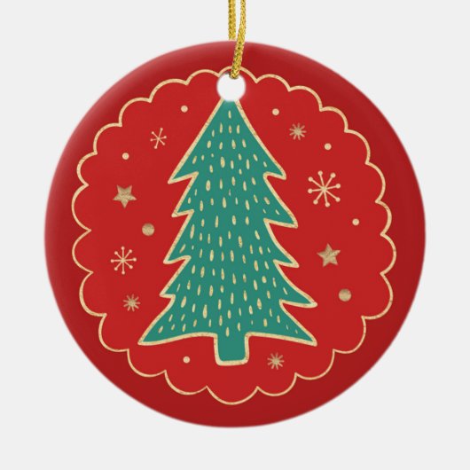 ターコイズグリーンレッド金ゴールドクリスマスツリー セラミックオーナメント (正面)