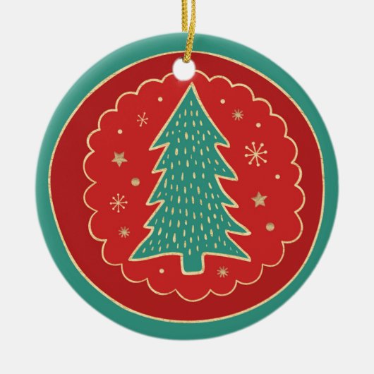 ターコイズグリーンレッド金ゴールドクリスマスツリー セラミックオーナメント (正面)