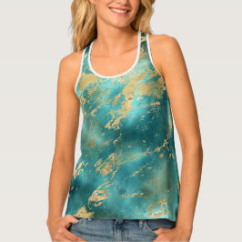 ターコイズグリーン金ゴールドマーブル抽象芸術ウィメンズ タンクトップ