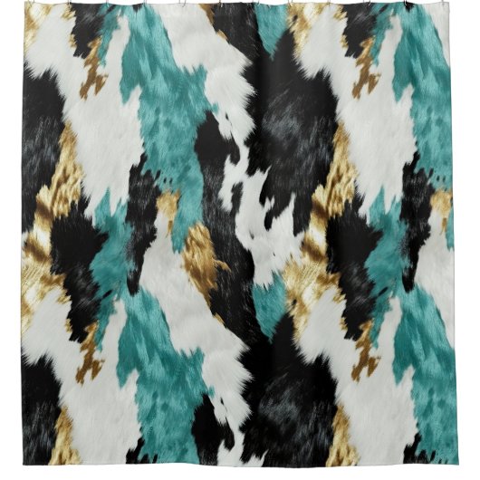 ターコイズグリーン金ゴールド白黒牛革 シャワーカーテン (正面)