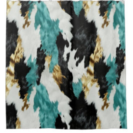 ターコイズグリーン金ゴールド白黒牛革 シャワーカーテン