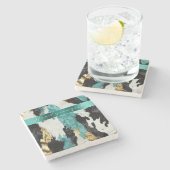 ターコイズグリーン金ゴールド白黒牛革 ストーンコースター (横)