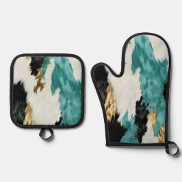 ターコイズグリーン金ゴールド白黒牛革 鍋つかみ&鍋敷きセット