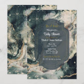 ターコイズグリーン コズミック ウォーターカラー ゴールド セレスチャル ベイビー 招待状 (正面/裏面)