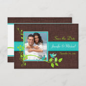 ターコイズグリーン ブラウン クラックル セーブ・ザ・デート カード (正面/裏面)