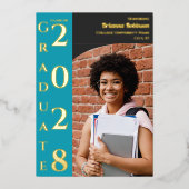 ターコイズグレージュのモダンな卒業パーティー写真 箔招待状 (正面)