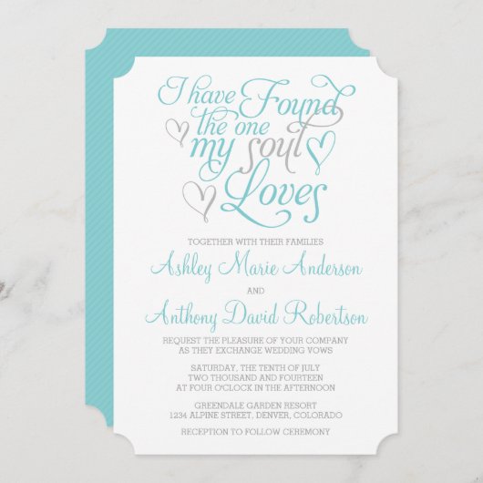 ターコイズグレーソウルラブズ結婚ハート 招待状 (正面/裏面)
