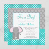 ターコイズグレーゾウさんポルカドット男の子ベビーシャワー 招待状 (正面/裏面)