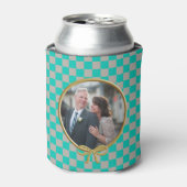ターコイズグレーチェック&写真 缶クーラー (缶正面)