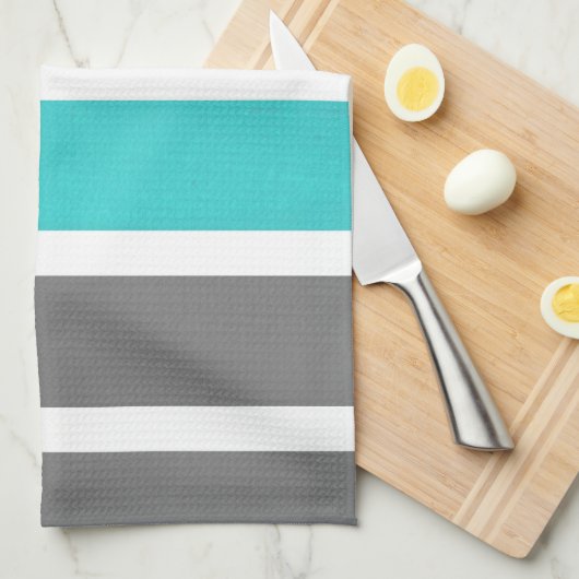 ターコイズグレーホワイトウォーターの色のストライプ キッチンタオル (四つ折り)