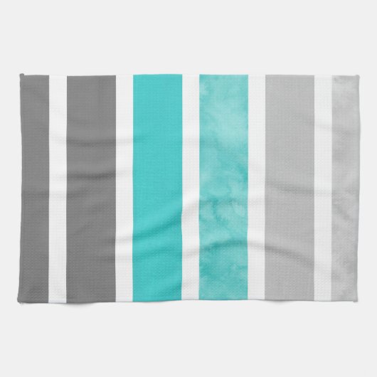 ターコイズグレーホワイトウォーターの色のストライプ キッチンタオル (横)