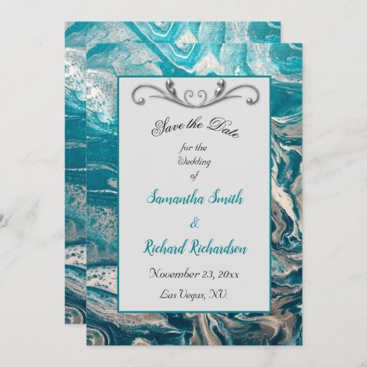 ターコイズグレー抽象芸術日付の保存 セーブザデート (正面/裏面)