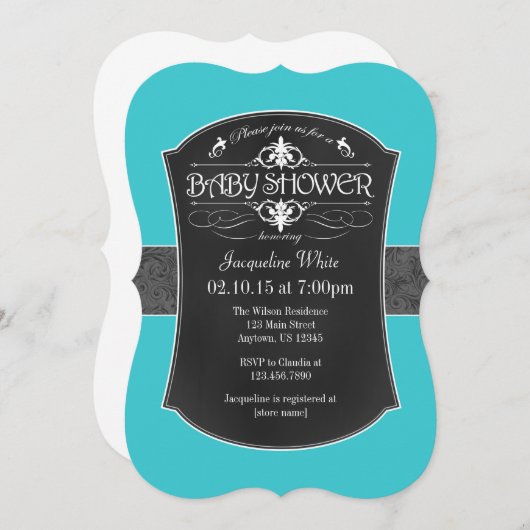 ターコイズグレー黒板ベビーシャワー招待状 招待状 (正面/裏面)