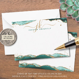 ターコイズゲートGeodeスクリプトモノグラム金ゴールドグリッター ノートカード