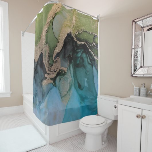 ターコイズコンテンポラリーティール(緑がかった色)グリーンブラック シャワーカーテン (インサイチュ)