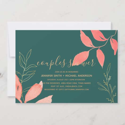 ターコイズコーラルゴールド カップルシャワー 手書き 招待状 (正面)