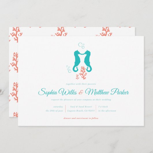 ターコイズコーラルシーホース結婚式招待状 招待状 (正面/裏面)