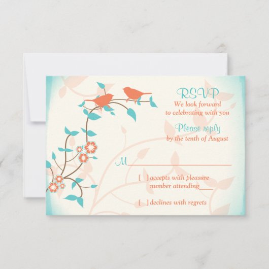 ターコイズコーラルバードリーフウェディングRSVP返信 出欠カード (正面)