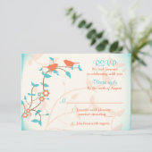 ターコイズコーラルバードリーフウェディングRSVP返信 出欠カード (スタンド正面)