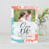 ターコイズコーラルブラシストローク日付3を保存 招待状 (スタンド正面)