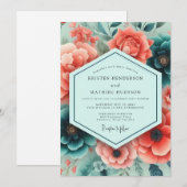 ターコイズコーラルリッチボタニカルウェディング 招待状 (正面/裏面)