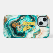 ターコイズゴールデンアゲートカスタムーモダントモノグラム iPhone 15ケース (裏面横)