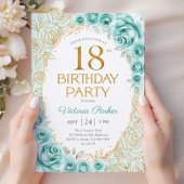 ターコイズゴールドのフラワー18歳の誕生日 招待状