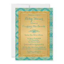 ターコイズゴールドの偽のグリッター ベビーシャワー招待状