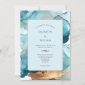 ターコイズゴールドの水彩アルコールインク モダンウェディング 招待状 (正面)
