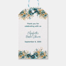 ターコイズゴールドの水彩花イラストのウェディングシャワー ギフトタグ