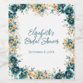 ターコイズゴールドの水彩花イラストのウェディングシャワー ワインラベル (シングルラベル)