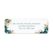 ターコイズゴールドの水彩花モチーフの差出人住所ラベル ラベル (正面)