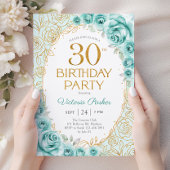ターコイズゴールドの花柄の30歳の誕生日 招待状