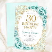 ターコイズゴールドの花柄の30歳の誕生日 招待状