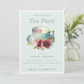 ターコイズゴールドの花柄ティーカップ クリスマス ティーパーティー 招待状 (スタンド正面)