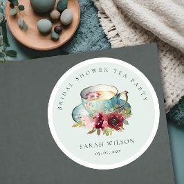 ターコイズゴールドの花柄ティーカップ ブライダルシャワーティーパーティー ラウンドシール