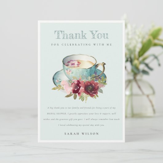 ターコイズゴールドの花柄ティーカップ ブライダルシャワー ティーパーティー サンキューカード (スタンド正面)