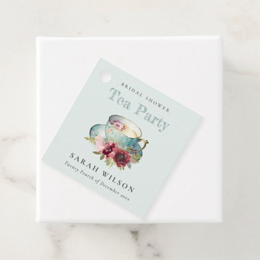 ターコイズゴールドの花柄ティーカップ ブライダルシャワー ティーパーティー フェイバータグ (インサイチュ)