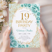 ターコイズゴールドの花柄 19歳の誕生日 招待状