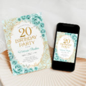 ターコイズゴールドの花柄 20歳の誕生日 招待状