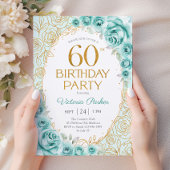 ターコイズゴールドの花柄 60歳の誕生日 招待状