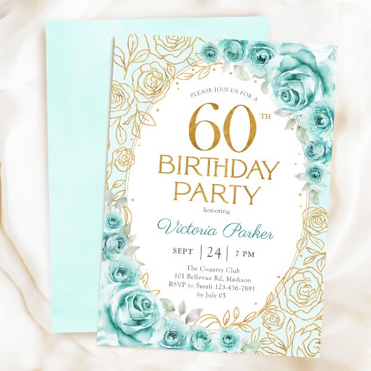 ターコイズゴールドの花柄 60歳の誕生日 招待状